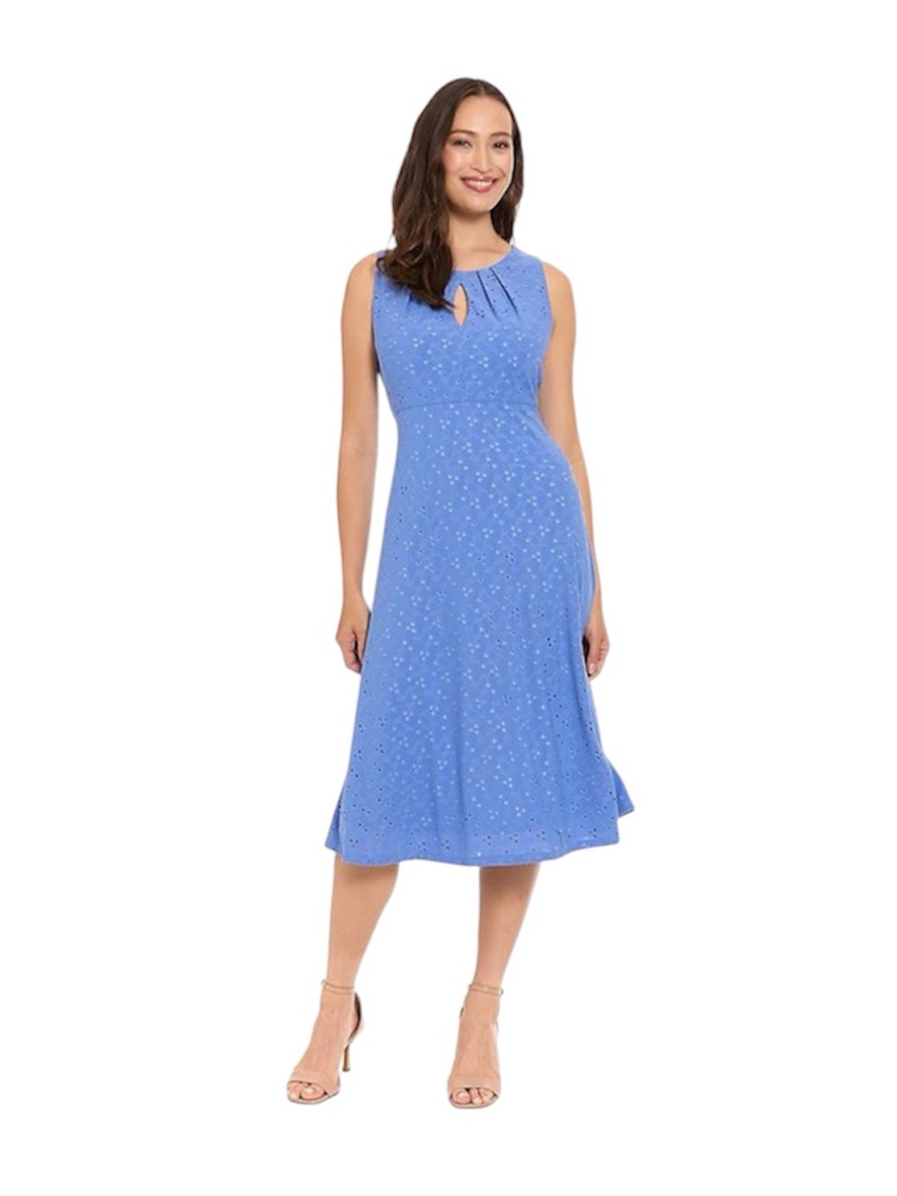 London Times Eyelet Keyhole Neck Midi Dress Blue Size 14